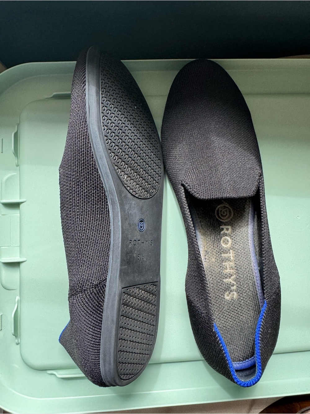 Rothy's Black Knit Slip-On Loafers with Blue Trim
